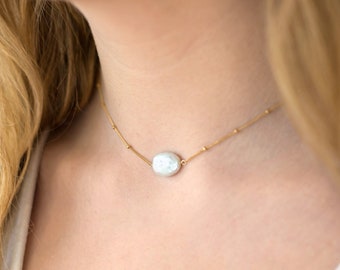 Bridesmaid Gift, Simple Pearl Choker Necklace, 14k Gold Filled Satellite Chain, Delicate Everyday Layering, June Birthstone, Rose Gold Pearl