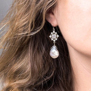 Wedding Earrings, White Pearl Drop and Filagree Crystal CZ Pearl Chandelier Bridal Earrings, Ornate Dangle Drop Earrings for Bridesmaid