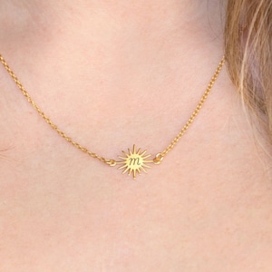 Personalized Engraved Initial Sun Charm Necklace, Celestial Minimalist Necklace, Birthday Gift for Lil Sister, 14k Gold Filled Chain