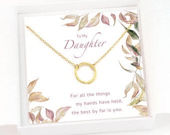To My Daughter from Mom Birthday Gift Necklace on Message Card, 14k Gold Filled Necklace,  Open Circle Necklace, Karma Minimalist Jewelry