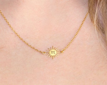 14k Gold Filled Chain with Engraved Initial Sun Charm Necklace, Celestial Minimalist Personalized Necklace, Birthday Gift for Lil Sister