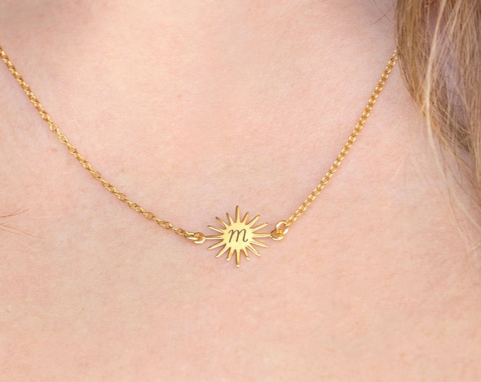 Personalized Engraved Initial Sun Charm Necklace, Celestial Minimalist Necklace, Birthday Gift for Lil Sister, 14k Gold Filled Chain