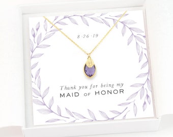 Personalized Maid of Honor Necklace, Bridesmaid Proposal Gift, Custom Birthstone and Initial, Bridal Party Jewelry, Gift Necklace and Cards