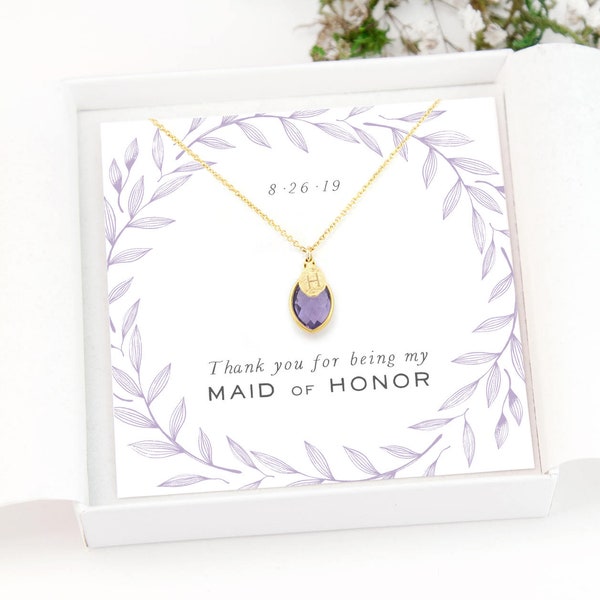 Personalized Maid of Honor Necklace, Bridesmaid Proposal Gift, Custom Birthstone and Initial, Bridal Party Jewelry, Gift Necklace and Cards