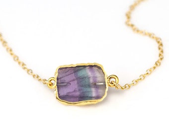 Gargantilla de cristal de fluorita arcoíris en rodajas, gemas energéticas para niña, tendencias de joyería de verano.