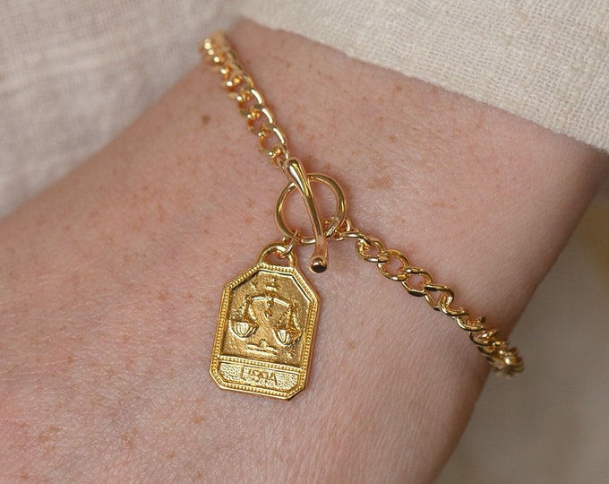 18K Gold Zodiac Sign Tag Bracelet, Rectangle Zodiac Tag, Cuban Chain Bracelet Toggle, Horoscope Bracelet, Taurus, Scorpio, Aries, Capricorn