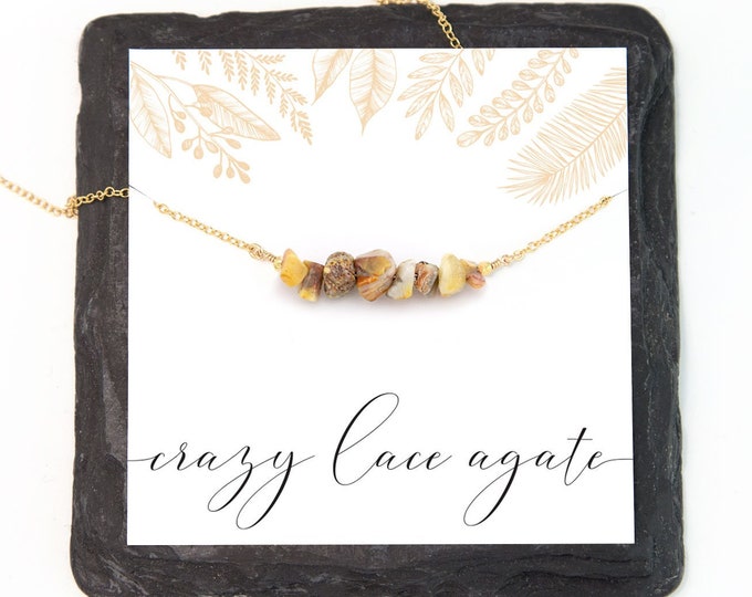 Natural Agate Raw Gemstone Necklace, Crazy Lace Agate Handmade Beaded Bar Layering Necklace, Tiny Wire Wrapped Stone Choker,  Gifts