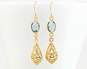 Blue Topaz Filigree Earrings, Elegant Gold Jewelry, Gift for Mom, Ornate Earrings, Special Occasion Jewelry, Holiday Gifts, Something Blue