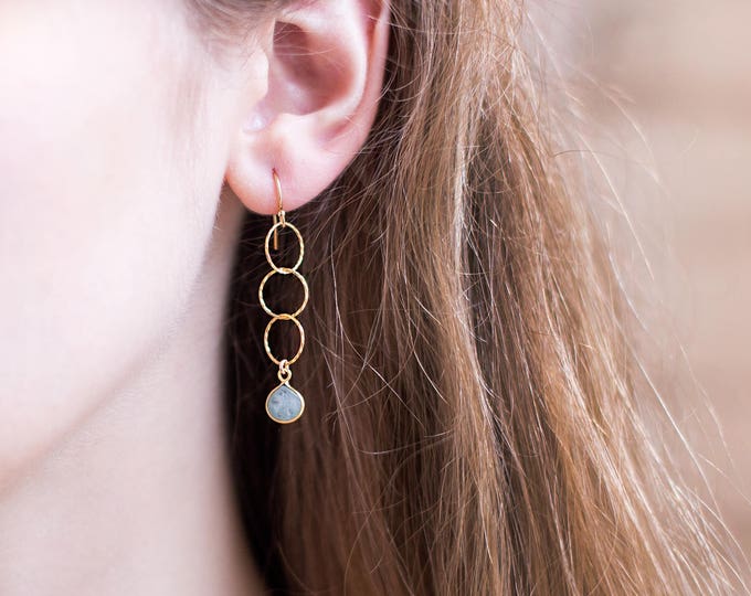 Dainty Aquamarine Drop Earrings, March Birthstone Jewelry, Simple Bridesmaid Earrings, Long Chain Earrings, Tiny Hoops, Birthday Gift Women