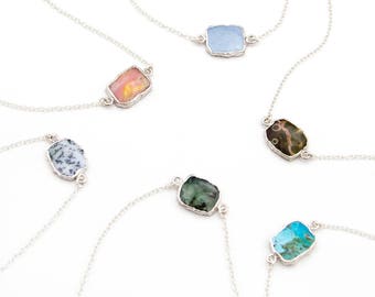 Crystal Silver Gem Slice Connector Necklace, Gemstone Choker, Layering Necklace, Gift for Her, Genuine Gemstone Necklace