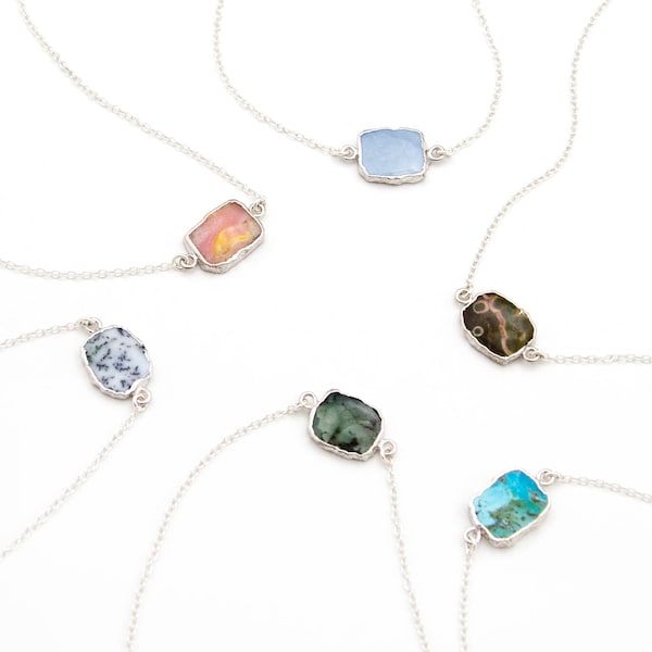 Crystal Silver Gem Slice Connector Necklace, Gemstone Choker, Layering Necklace, Gift for Her, Genuine Gemstone Necklace