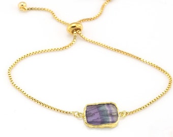 Rainbow Fluorite Crystal Bracelet, Gold Stacking bracelet for Girl, Slide Closure Box Chain Boho Purple Bracelet, Summer Jewelry Trends