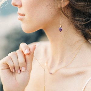 Purple Amethyst Raw Crystal Threaders, February Birthstone Earrings, Ultra Violet Natural Gemstone Ear Threaders, Rough Stone Gift image 1