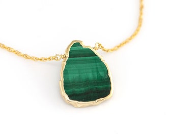 Green Malachite Slice Crystal Necklace, Gold Framed Malachite Pendant Necklace, 14k Gold Filled, Raw Rough Irregular Crystal  Gift