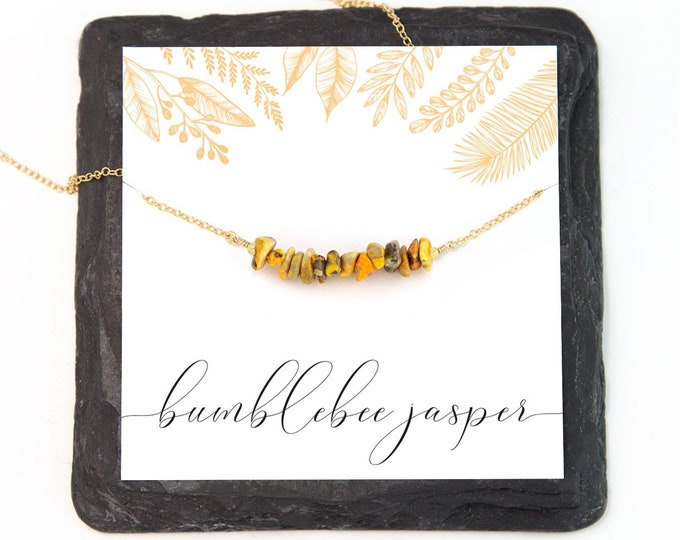 Dainty Yellow Gemstone Bar Necklace, Natural Bumblebee Jasper Beaded Raw Stone Chips, Gold Silver Rose Layering Choker,  Crystal Gift