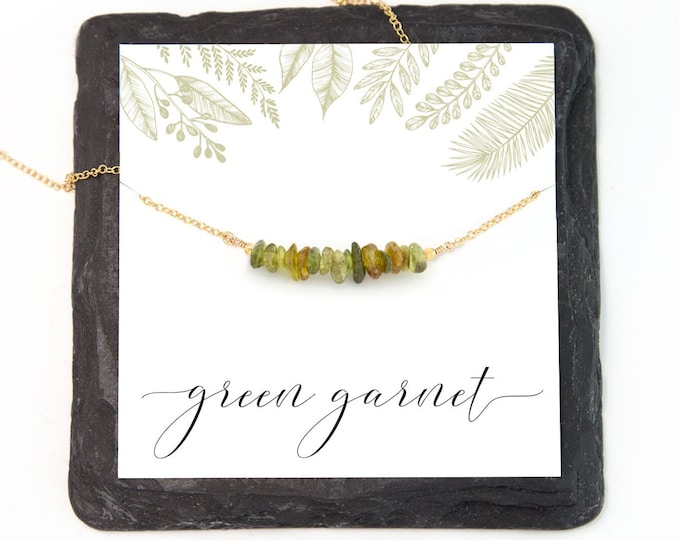 Raw Green Garnet Bar Necklace, January Birthstone Gift, Minimalist Gemstone Everyday Necklace, Natural  Crystal Inspirational Jewelry