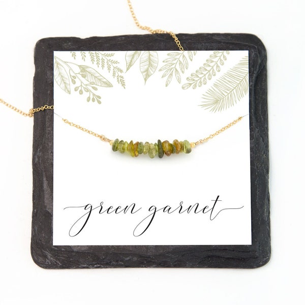 Raw Green Garnet Bar Necklace, January Birthstone Gift, Minimalist Gemstone Everyday Necklace, Natural  Crystal Inspirational Jewelry