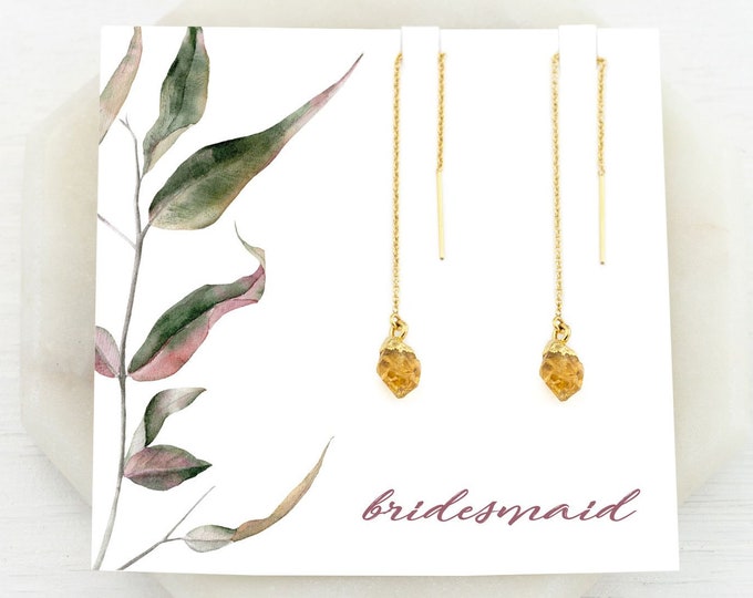 Bridesmaid Earrings, Citrine Drop Chain Earrings, Raw Crystal Threaders Gold, November Birthstone Gift, Fall Wedding Inspo, Gemstones, TH-N