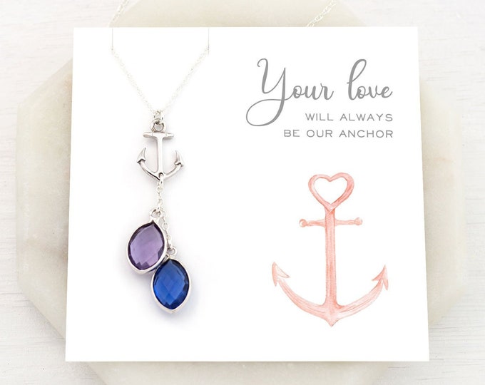 Sterling Silver Personalized Multi Birthstone Family Necklace with Anchor Charm for Mom Gift from Daughter, You will alway be my anchor