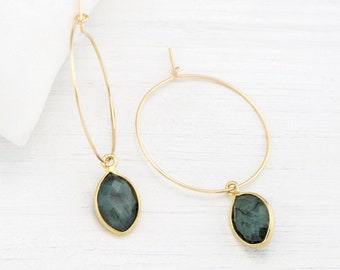 Natural Raw Emerald Hoops, May Birthday Gift for Her, 14k Gold Filled Emerald Hoop Earrings, Dainty Gemstone Charm Hoops, Birthstone Jewelry