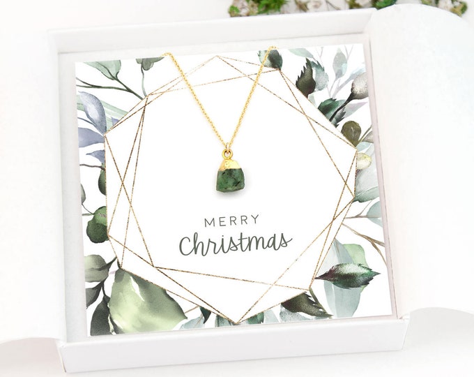 Christmas Gift Raw Stone Necklace, Birthstone Necklaces, Birthday Gift for Women, Dainty Gemstone Pendant, Green Emerald Stone Necklace Gold
