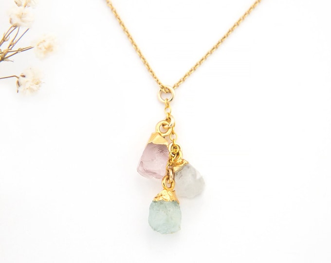 Custom Raw Birthstone Necklace, Mother of 3 Unique Birthday Gift, Mother's Day Gift, Natural Kids Birthstone Family, Boho Birthstone