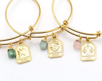 Zodiac + Birthstone Charm Bracelet, Custom Jewelry Gift Under 35, Celestial Gold Astrology Bangle, Birthday BFF Idea Taurus / Pisces / Libra