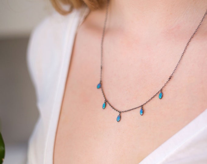 Black Silver Opal Necklace, Small Blue Opal Drops, Dainty Oxidized Silver Choker, Gift for Sisters, Edgy Boho Choker, Layering Stone Chain