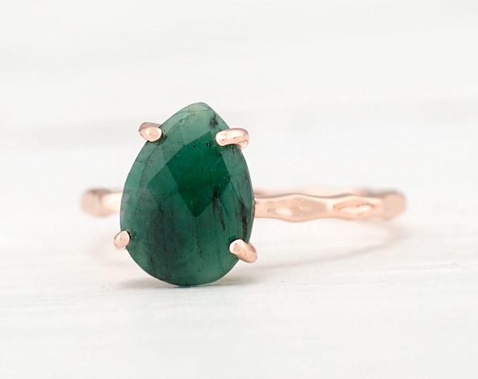 Green Raw Emerald Ring Silver, May Birthstone Ring, Gemstone Ring, Stacking Ring, Rose Gold Ring, Tear Drop Ring, Prong Set Gem Ring, RG-PP