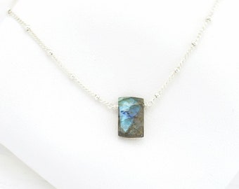 Dainty Labradorite Necklace, Sterling Silver Satellite Chain, Delicate Gemstone Necklace, Unique Crystal Choker, Tiny Pendant Necklace Gift