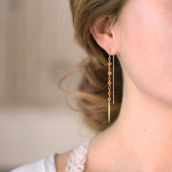 Carnelian Chain Drop Earrings, Love & Confidence Crystal Jewelry Gift, Orange Gemstone Beaded Threader Earrings, Multiple Piercing Threaders