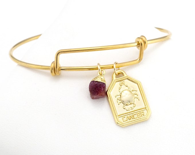 Cancer Zodiac Charm Bangle Bracelet, July Birthday Gift,  Rough Raw Ruby Crystal Constellation Birthstone Bracelet, Birthday Gift for Her