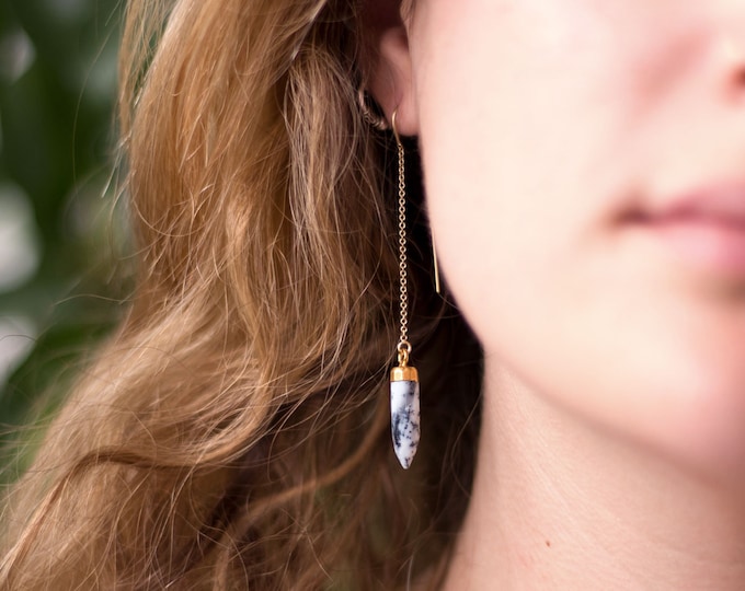 Minimalist Stone Drop Threaders, Marble Earrings, Natural Dendritic Opal Stone Spike, Black and White Earrings Dangle, Girlfriend Gift, TH-B