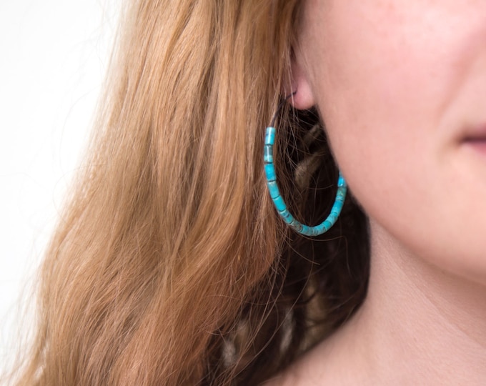 Beaded Turquoise Hoops, Bohemian Turquoise Hoop Earrings, Large Hoops, Oxidized Silver Earrings, Charm Hoops, Statement Earrings, HP-DB