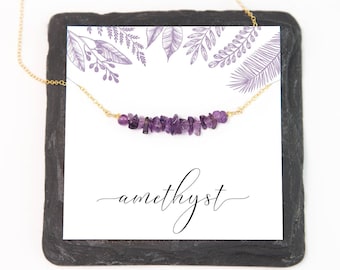 Raw Amethyst Gem Bar Necklace, February Birthstone Gift, Ultra Violet Semi-Precious Stone, Best Friend Gift, Layering Choker Gold Filled