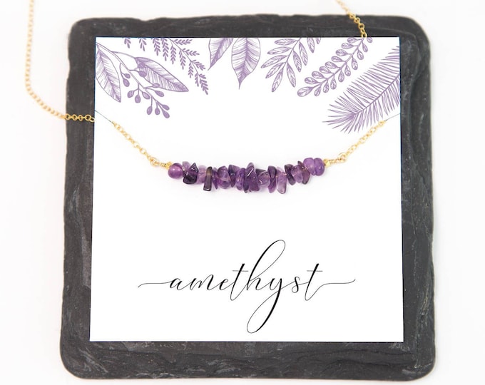 Raw Amethyst Gem Bar Necklace, February Birthstone Gift, Ultra Violet Semi-Precious Stone, Best Friend Gift, Layering Choker Gold Filled
