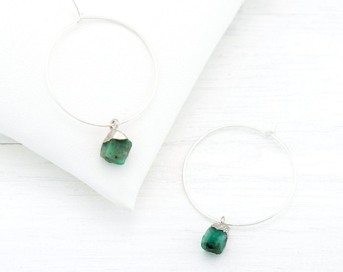 Silver Emerald Dangle Hoops, May Birthstone Gift, Gemstone Charm Hoop Earrings, Dainty Gemstone Earrings, Tiny Stone Nuggets, HP-N