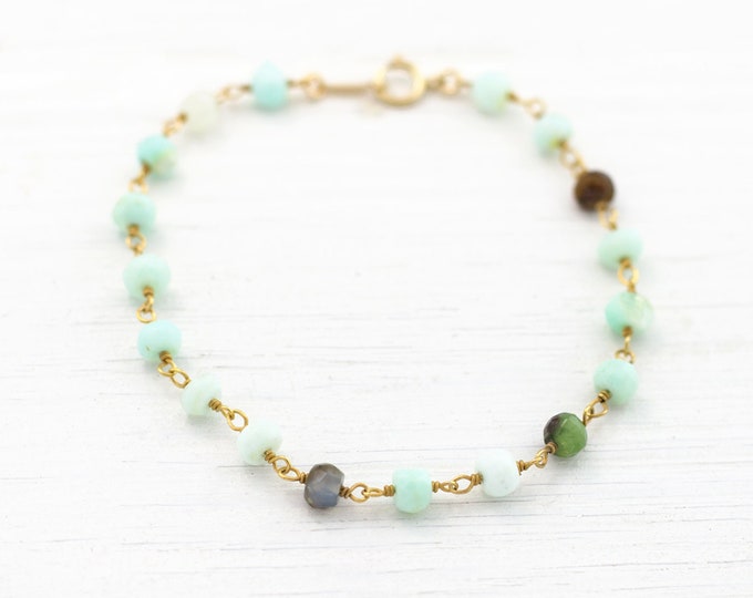 Genuine Gemstone Chain Bracelet, Green Opal Beaded Bracelet, Wire Wrapped Stone Chain, Opal Rosary Stacking Bracelet, Dainty Stone Bracelet