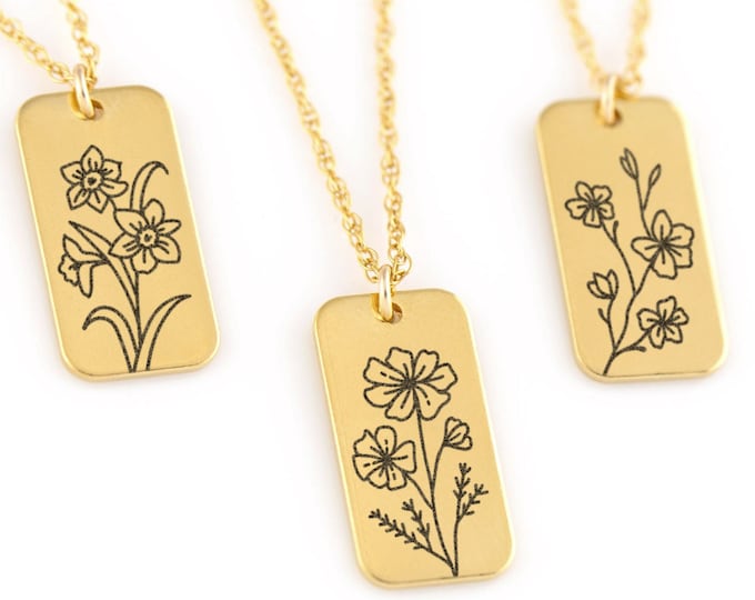 Square Dainty Birth Flower Charm Necklaces, New Mom Gift, Personalized Birth Month Minimalist Floral Tag Pendant, Gold Filled Layering Chain