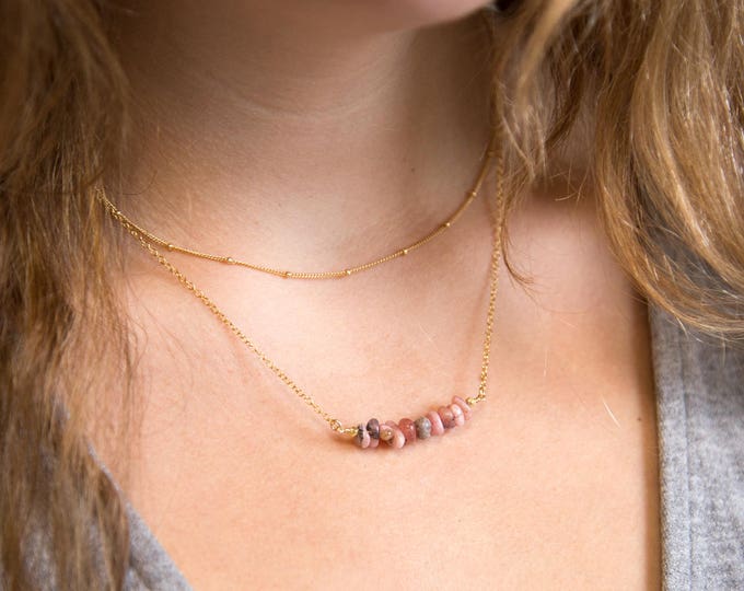 Genuine Gemstone Necklace, Rhodochrosite Necklace, Layering Necklace, Gem Bar Necklace,  Crystal Jewelry, Gift for Her, NK-RB