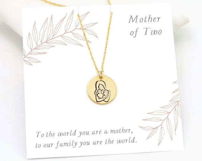 Mother of Two Necklace, Inspirational Jewelry Keepsake Gift for Her, Christmas Jewelry, Meaningful Engraved Necklace, Gold Disc Charm