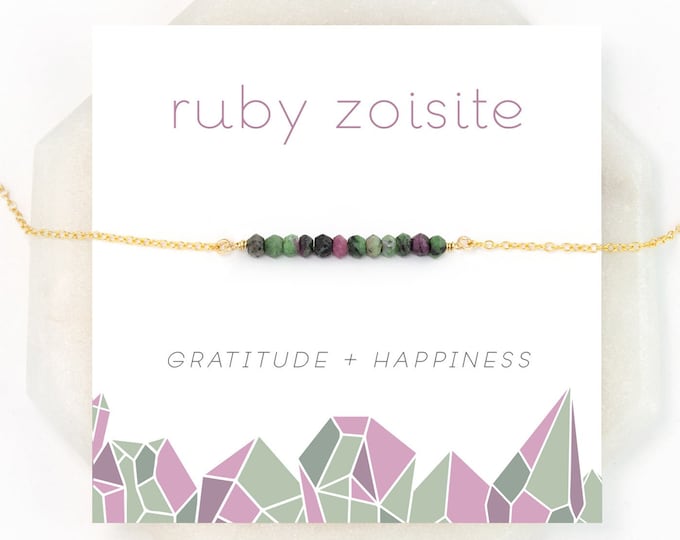 Multicolored Ruby Bar Necklace, Natural Ruby Zoisite July Birthstone Gift, Gratitude Happiness Crystal Necklace, Wire Wrapped Stone Layering