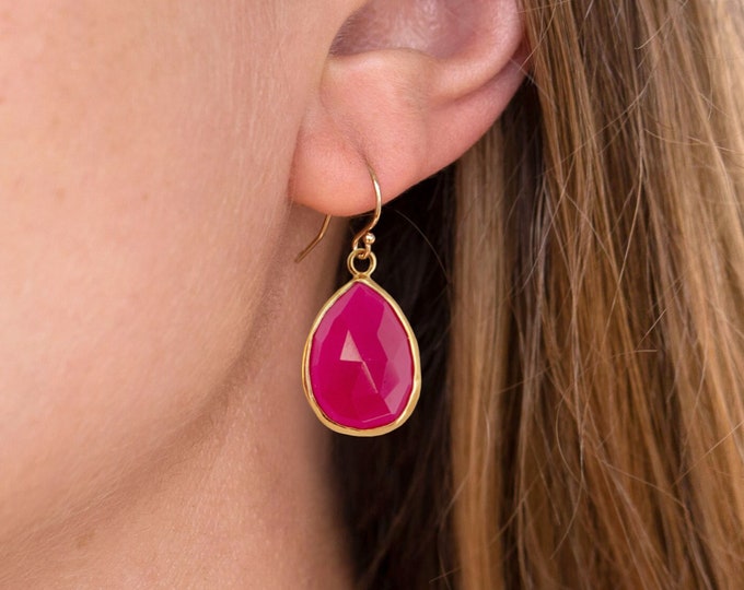 Fuchsia Statement Earrings, Hot Pink Crystal Dangle Earrings, Colorful Gemstone Drops, Cute Girly Jewelry, Birthstone Earrings, Chunky Stone