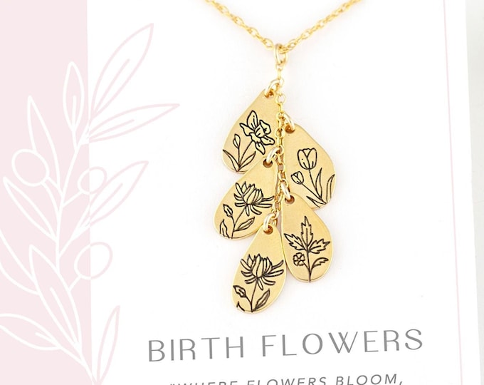 Mothers Personalized Birth Month Flower Necklace, Engraved Floral Pendant, Custom Moms Birthday Gift, Birthstone Birth Month Flower Jewelry