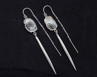 Natural Moss Quartz Spike Earrings, Silver Threader Earrings, Gem Slice Jewelry, Spike Threaders, Natural Gemstone Slice, Gifts for Her