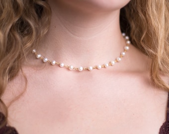 Collar moderno de perlas de agua dulce, gargantilla de verano delicada, gargantilla con cuentas simple, piedra de nacimiento de junio, regalos para dama de honor, collar nupcial de perlas