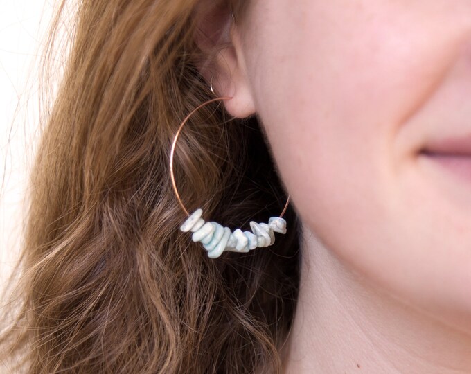 Boho Gemstone Hoops, Rose Gold Hoop Earrings, Larimar Earrings, Raw Gemstone Earrings, Festival Earrings, Beach Wedding, Bridesmaid, HP-RC