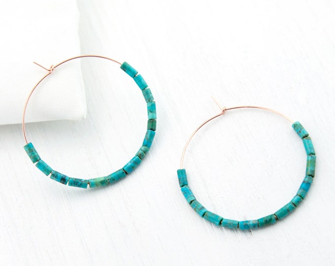 Rose Gold Turquoise Hoop Earrings, Colorful Hoop Earrings, Blue Statement Earrings, Bridesmaid Gift Earrings, Genuine Turquoise Hoops, HP-DB