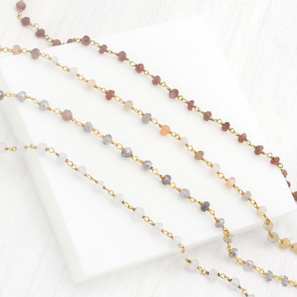 Multi Moonstone Chokers, Boho Rainbow Moonstone Necklace, Satellite Chain, Gemstone Drop Chains, Gift for Daughter, Layering Peach Moonstone