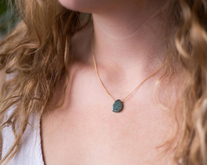 Raw Emerald Slice Necklace, May Birthstone Gift, Dainty Gold Filled Chain, Genuine Gemstone Pendant, Boho Layering Necklace, Minimalist Gift